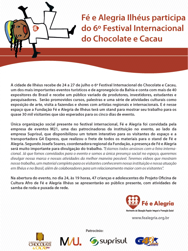 Suprisul patrocina participação da Fundação Fé e Alegria no 6° Festival Internacional do Chocolate e Cacau em Ilhéus/BA